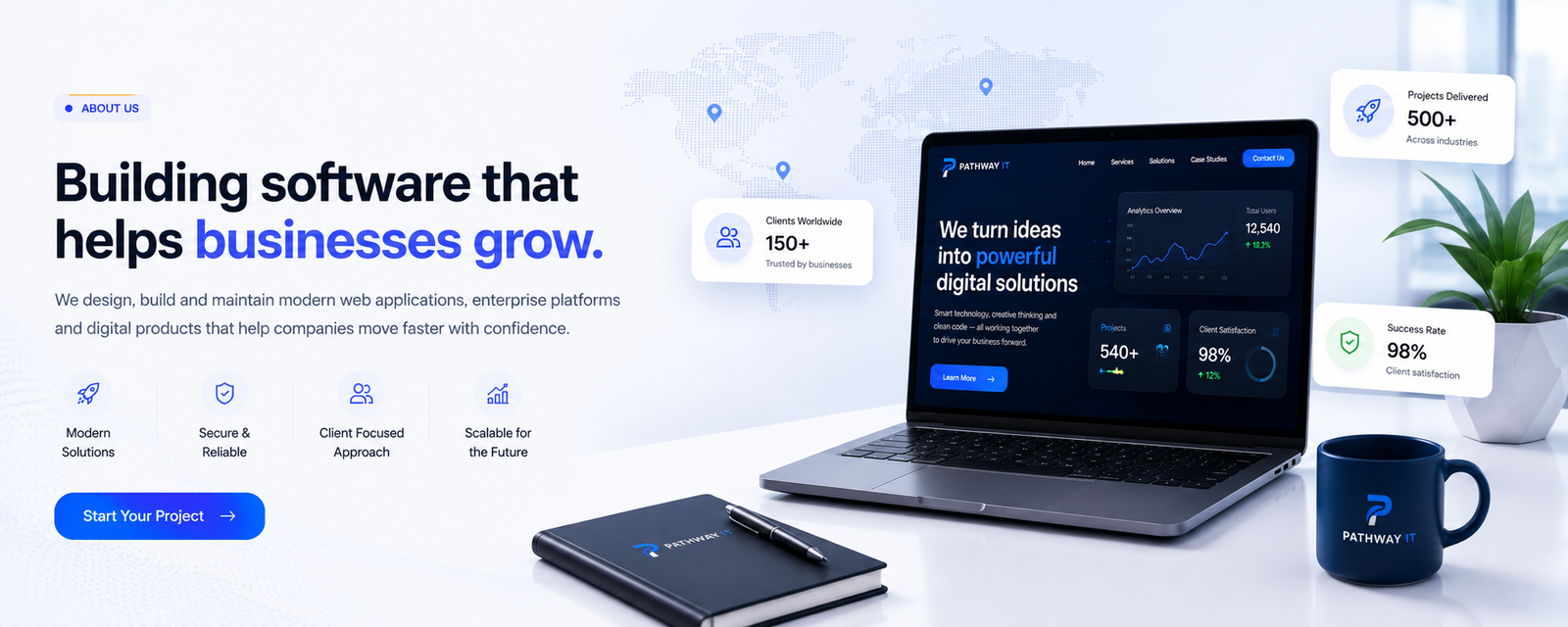 About Pathway IT — building software that helps businesses grow. A laptop showing a Pathway IT dashboard with 12,540 total users, 540+ projects and 98% client satisfaction, beside cards reading 500+ projects delivered, 150+ clients worldwide and a 98% success rate.