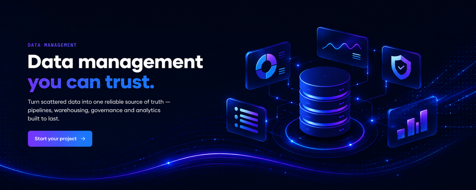 Data management you can trust — turn scattered data into one reliable source of truth, shown as a central database ringed by dashboard, pipeline, security and analytics panels.
