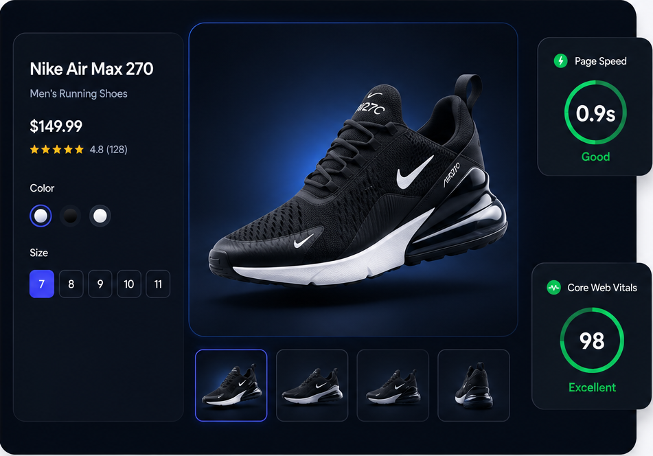 A product page for the Nike Air Max 270 with colour and size pickers, next to performance badges reading Page Speed 0.9 seconds (Good) and Core Web Vitals 98 (Excellent).