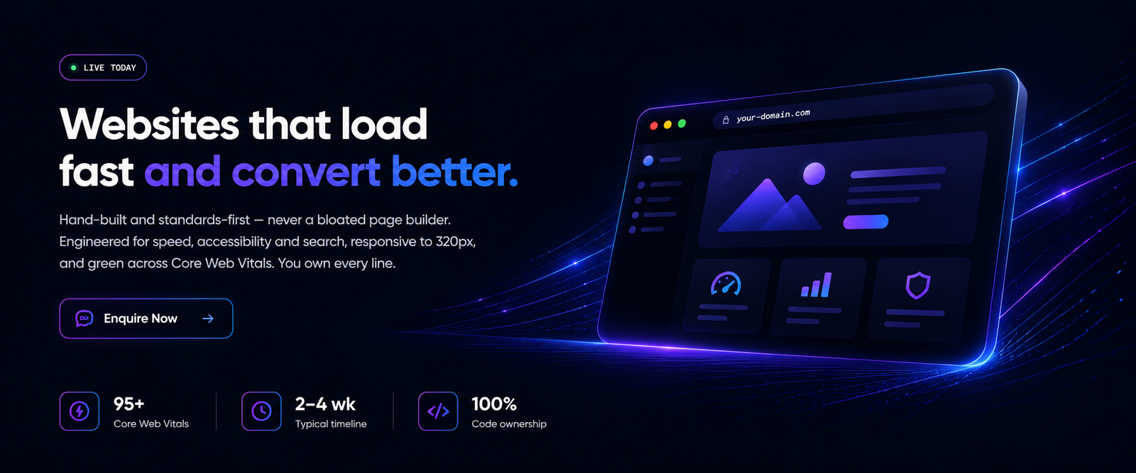 Websites that load fast and convert better — a browser window showing a fast, modern site, with 95+ Core Web Vitals, a 2–4 week timeline and 100% code ownership.